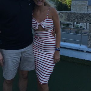 Red and white striped midi dress